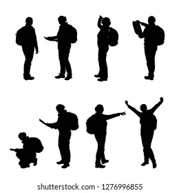 Set of realistic illustration of a silhouette of a female tourist with a backpack walking, standing and squatting - vector