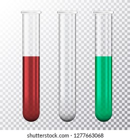 Set of realistic illustration of three test tube with red blood or green fluid, isolated on transparent background - vector