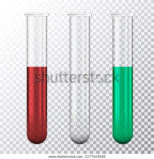 透明な背景に赤い血液または緑の流体を持つ3つの試験管のリアルなイラストセット ベクター画像 のベクター画像素材 ロイヤリティフリー