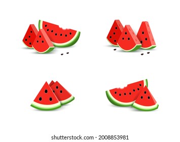 Set Realistic illustration of triangular watermelon slices. Half a watermelon and slices with seeds, isolated on a white background. Vector piece watermelon.