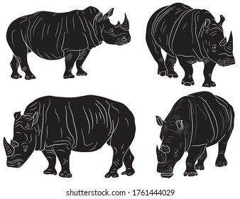 Set of realistic illustrations of  black rhino silhouettes in a clipart style, isolate on a white background. African animal vector illustration.