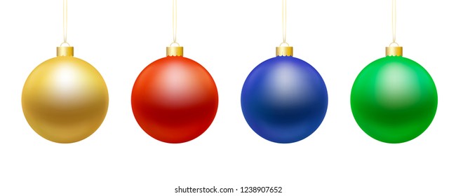 Set of realistic illustrations of christmas balls of gold, blue, green and red on golden string, isolated on white background - vecto