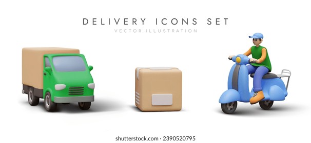 Set of realistic illustrations for delivery business. Colored truck, man on moped, unmarked cardboard box. Different types of transportation. Courier delivery of parcels, orders, cargo