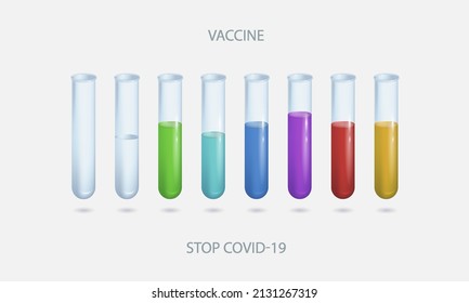 Eine Reihe realistischer Illustrationen von acht Teströhren mit leerer, orangefarbener, violetter, grüner, blauer und roter Flüssigkeit, einzeln. Symbole für Studien, Impfung gegen Covid -19 Vektorgrafik.