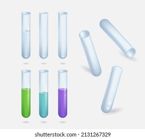 Eine Reihe realistischer Illustrationen von isolierten Teströhren mit leerer, blauer, violetter, grüner Flüssigkeit. Symbole in verschiedenen Blickwinkeln für die Forschung, Vektorgrafik der Impfung gegen Covid-19.