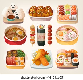 Set of realistic illustrations of japanese cuisine dishes nicely served on traditional plates. Isolated vector illustrations.