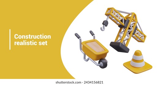 Set of realistic illustrations for positive web design. Lifting crane, wheelbarrow, signal cone