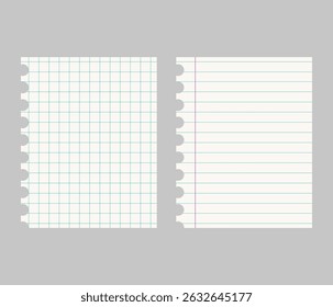 Set of realistic illustrations of a torn sheet of paper from a workbook with shadow, isolated on a gray background 