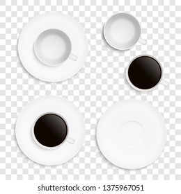 Set realistic illustrations of white cup for coffee or tea. Saucer isolated on transparent background - vector