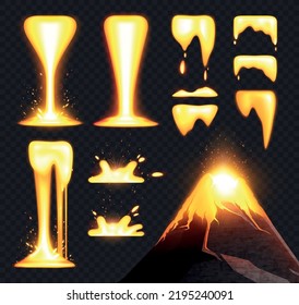Set with realistic images of lava and melted metal with volcano mountain and shiny molten spots vector illustration