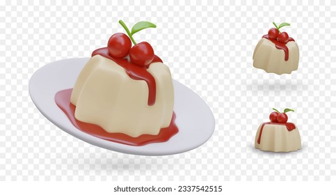 Set of realistic images of panna cotta. Dessert in different positions, on plate and without. Served sweets decorated with fresh cherries. Isolated vector image