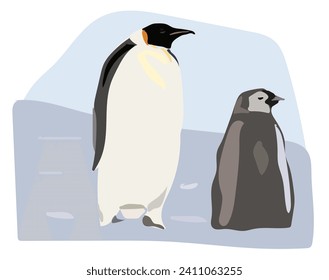 Un conjunto de pingüinos imperiales realistas en una posición diferente. Aves adultas y polluelos. Ilustración vectorial fondo nevado. imprenta para guardería, ropa para niños, afiche, postal, patrón.
Actividad en invierno.