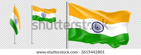 Set of realistic Indian flags. Flags of India isolated on checkered background. Templates of flags for decoration Indian events, holidays. 3d symbols of India. Vector illustration.