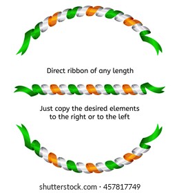 Set realistic Indian twisted ribbons. Tricolors. In the form of garlands. Isolated on white. Beautiful decoration. Serpentine stripe. Round frame for text. Template for presentations.