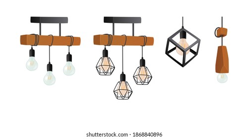 Set Of Realistic Industrial Hanging Lamps With Stylish Bizarre Lampshades In Minimal Style Isolated On White Background. Modern Chandeliers With Light Bulbs For Studio Decor. 3d Vector Illustration