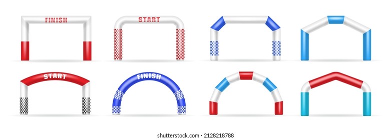 Set of realistic inflatable arches with start and finish. Rubber equipment for marathon racing isolated. Air balloon gate template for competition championship. 3d vector illustration