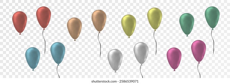 Set of realistic inflatable balloons of different colors. Vector illustration for design, birthday, party, decor, banner, png.