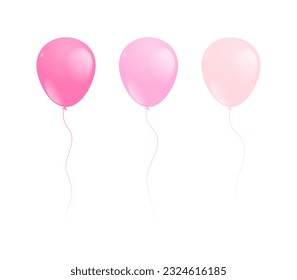 Set of realistic inflatable helium balloons  in pink colorsб from deep pink to pale. Vector illustration isolated on white background