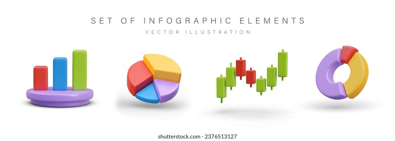 Set of realistic infographic elements in different style. Histogram, pie chart and round diagram in green, yellow and purple colors. Vector illustration in 3d style