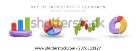 Set of realistic infographic elements in different style. Histogram, pie chart and round diagram in green, yellow and purple colors. Vector illustration in 3d style