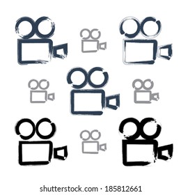 Set of realistic ink hand-drawn vector video camera icons, collection of simple hand-painted camera symbols isolated on white background.