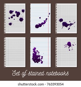Set of realistic inked pages notebooks. Ink drops and blobs on note paper. Clean and dirty sheet. Isolated. Vector illustration. Mock up.