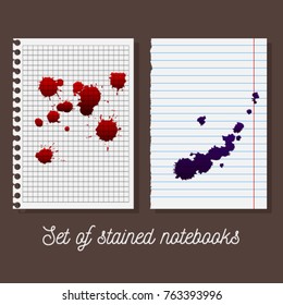 Set of realistic inked pages notebooks. Blood drops and blobs on note paper.  Dirty sheets. Isolated. Vector illustration. Mock up.