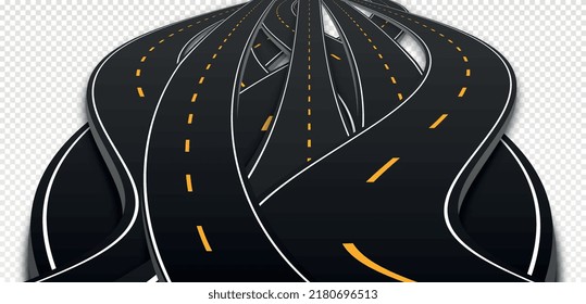 Set of realistic interlocking roads. Asphalt highway, intersections or directions for movement of cars. Design element for city map. Copy space. Cartoon flat vector collection isolated on transparent