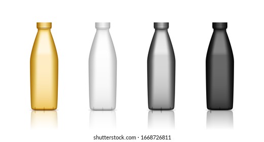 Set of realistic isolated 3d yogurt or milk bottles mockup - black, white, silver, gold. Vector illustration for package design. Blank food, cosmetic, household and hygiene pack template