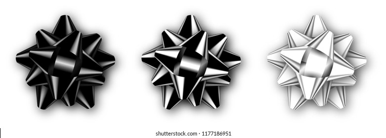 Set of realistic isolated black, silver and white bow with shadow. Template for a celebration. Vector illustration for your design