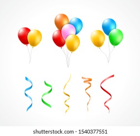 Set of Realistic Isolated Colorful Balloons and Streamers on White Background