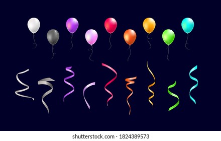 Set of Realistic Isolated Colorful Balloons and Streamers on Black Background . Isolated Vector Elements