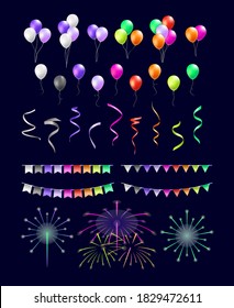 Set of Realistic Isolated Colorful Balloons and Streamers on Black Background . Isolated Vector Elements