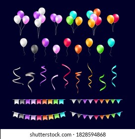 Set of Realistic Isolated Colorful BParty Elements on Black Background . Isolated Vector Elements