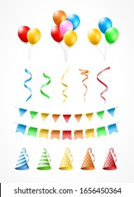 Set of Realistic Isolated Colorful Party Elements on White Background . Isolated Vector Elements