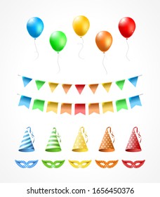 Set of Realistic Isolated Colorful Party Elements on White Background . Isolated Vector Elements