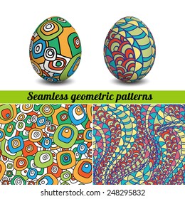 Set of realistic Isolated Easter eggs and seamless geometric patterns. Vector background. 