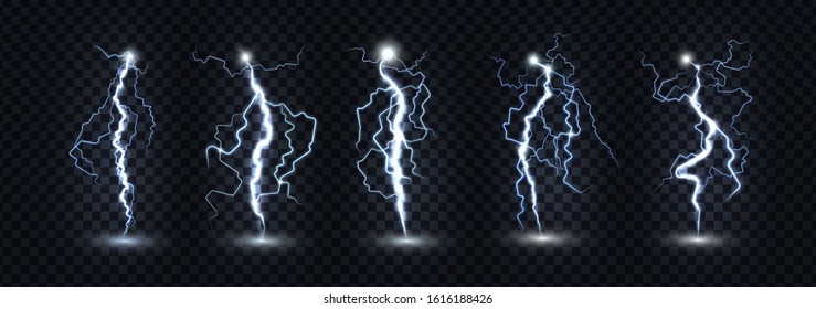 Set of realistic isolated natural lightning with transparency. Thunder-storm, magic and high-voltage bright lightning effect. Vector Illustration. Easy for use lightning bolts for designers.