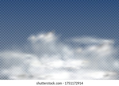 Conjunto de nubes realistas aisladas y transparentes, niebla o humo sobre un fondo azul.Elemento gráfico vector. Forma de diseño de vectores para logotipo, web e impresión.