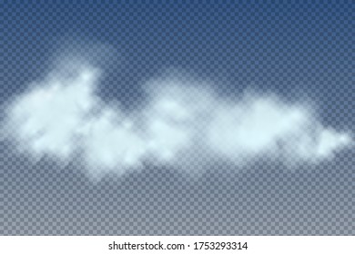 Conjunto de nubes realistas aisladas y transparentes, niebla o humo sobre un fondo azul.Elemento gráfico vector. Forma de diseño de vectores para logotipo, web e impresión.