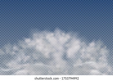 Conjunto de nubes realistas aisladas y transparentes, niebla o humo sobre un fondo azul.Elemento gráfico vector. Forma de diseño de vectores para logotipo, web e impresión.