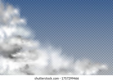 Set von realistischen isolierten und transparenten Wolken, Nebel oder Rauch auf blauem Hintergrund.Graphic Element Vektor. Vektordesign-Form für Logo, Web und Druck.