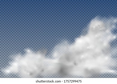 Conjunto de nubes realistas aisladas y transparentes, niebla o humo sobre un fondo azul.Elemento gráfico vector. Forma de diseño de vectores para logotipo, web e impresión.