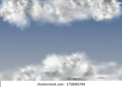 Set von realistischen isolierten und transparenten Wolken, Nebel oder Rauch auf blauem Hintergrund.Graphic Element Vektor. Vektordesign-Form für Logo, Web und Druck.