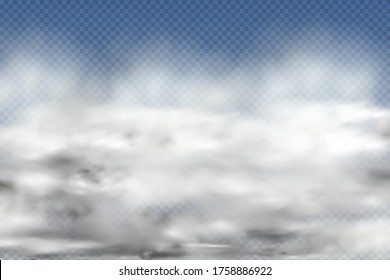 Conjunto de nubes realistas aisladas y transparentes, niebla o humo sobre un fondo azul.Elemento gráfico vector. Forma de diseño de vectores para logotipo, web e impresión.