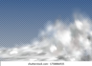 Conjunto de nubes realistas aisladas y transparentes, niebla o humo sobre un fondo azul.Elemento gráfico vector. Forma de diseño de vectores para logotipo, web e impresión.