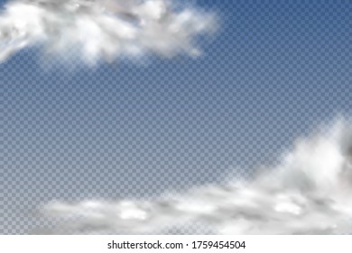 Conjunto de nubes realistas aisladas y transparentes, niebla o humo sobre un fondo azul.Elemento gráfico vector. Forma de diseño de vectores para logotipo, web e impresión.