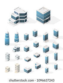 Set of Realistic Isometric High Quality City Element for Map on Transparent Background . Buildings