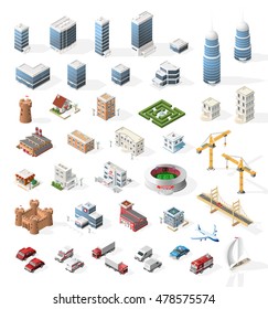 Set of Realistic Isometric High Quality City Element for Map. Buildings.