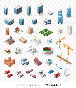 Set of Realistic Isometric High Quality City Element for Map on Transparent Background . Buildings